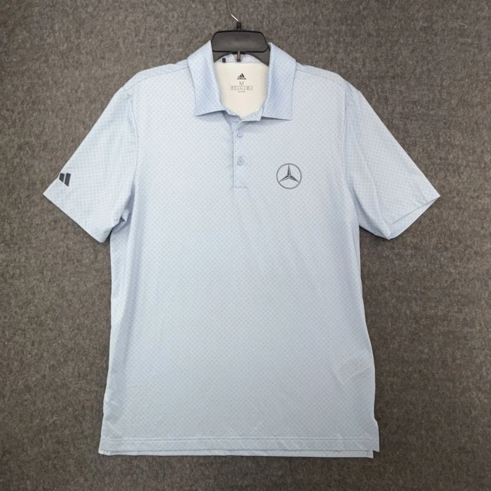 Adidas Mens Mercedes-Benz Polo Shirt M Light Blue Pique Short Sleeve Golf Casual